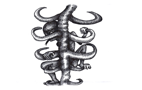 a pen and ink drawing of a creature climbing a ribcage